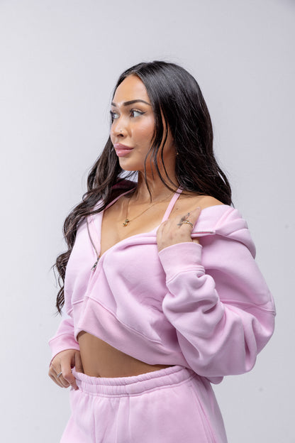 Comfort Cropped Zip Hoodie - Baby Pink