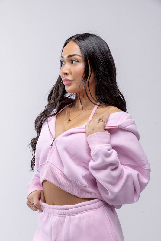 Comfort Cropped Zip Hoodie - Baby Pink